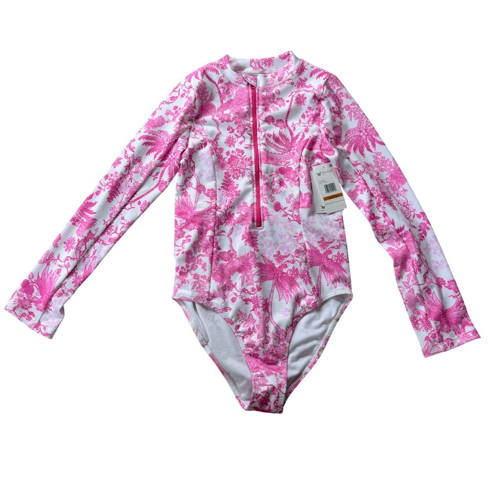 Jessica Simpson Girls Pink Toile Long Sleeve Rash Guard Swimsuit L 10/12 NEW